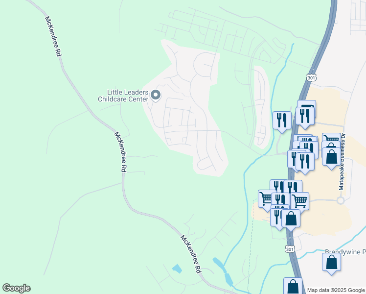map of restaurants, bars, coffee shops, grocery stores, and more near 15631 Birmingham Circle in Brandywine