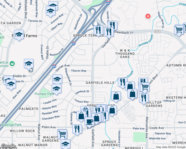 map of restaurants, bars, coffee shops, grocery stores, and more near 5932 Garfield Avenue in Sacramento