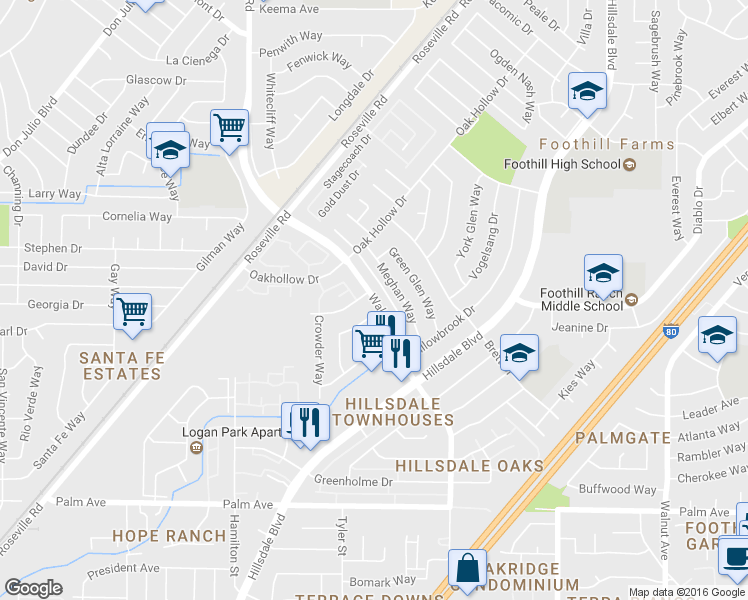 map of restaurants, bars, coffee shops, grocery stores, and more near 5930 Walerga Road in Sacramento