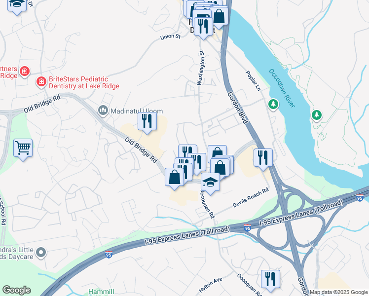 map of restaurants, bars, coffee shops, grocery stores, and more near 12753 Dara Drive in Woodbridge