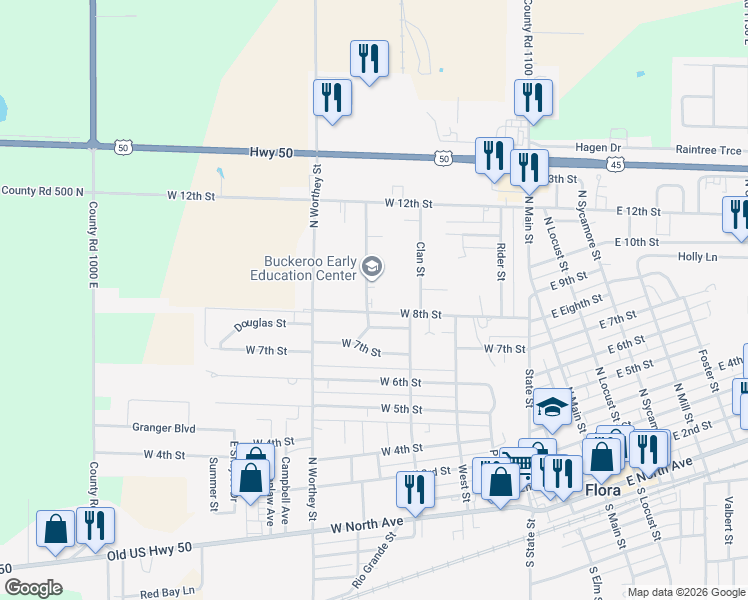 map of restaurants, bars, coffee shops, grocery stores, and more near 624 Douglas Street in Flora
