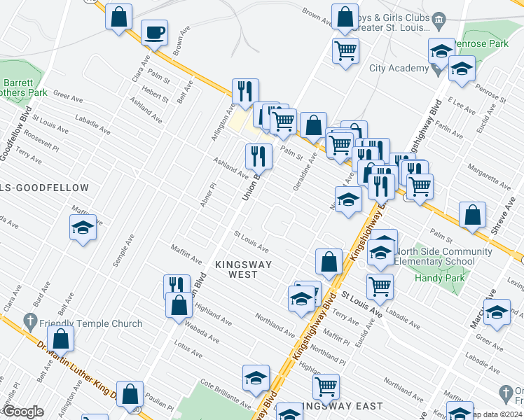 map of restaurants, bars, coffee shops, grocery stores, and more near 3008 West Norwood Drive in St. Louis