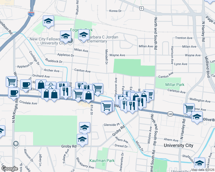 map of restaurants, bars, coffee shops, grocery stores, and more near 8022 Hafner Court in University City