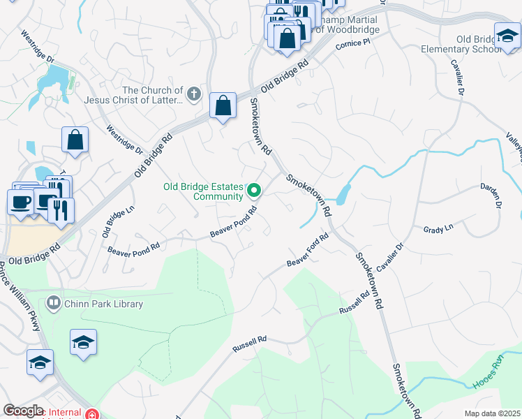 map of restaurants, bars, coffee shops, grocery stores, and more near 3668 Woodhaven Court in Woodbridge