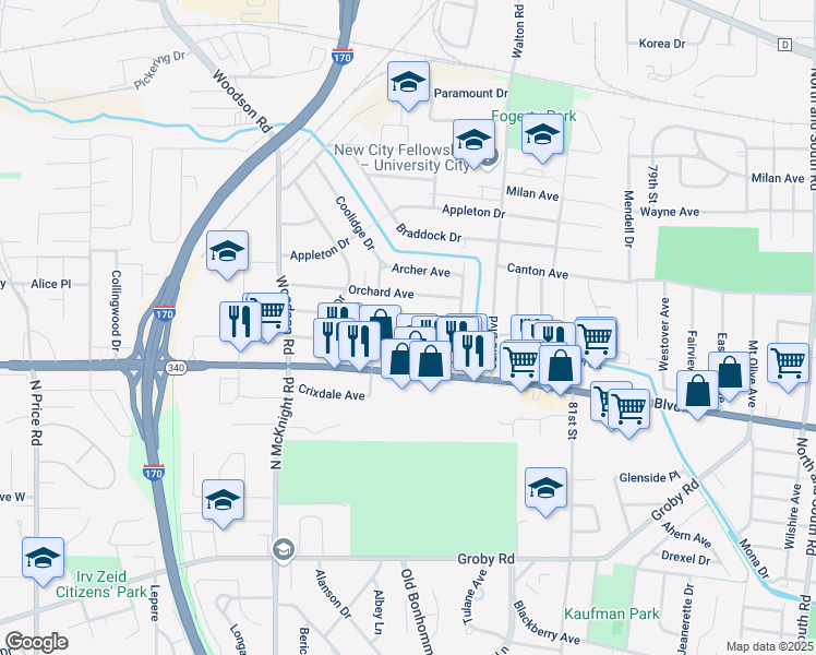 map of restaurants, bars, coffee shops, grocery stores, and more near 8358 Orchard Avenue in St. Louis