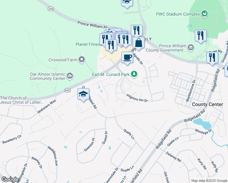 map of restaurants, bars, coffee shops, grocery stores, and more near 12850 Hyannis Lane in Woodbridge