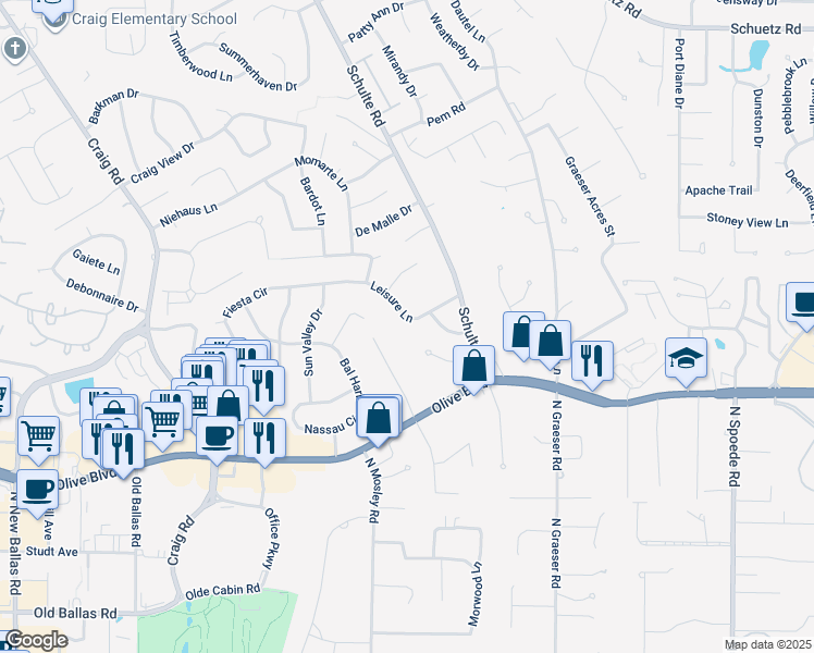 map of restaurants, bars, coffee shops, grocery stores, and more near 11127 Leisure Lane in St. Louis