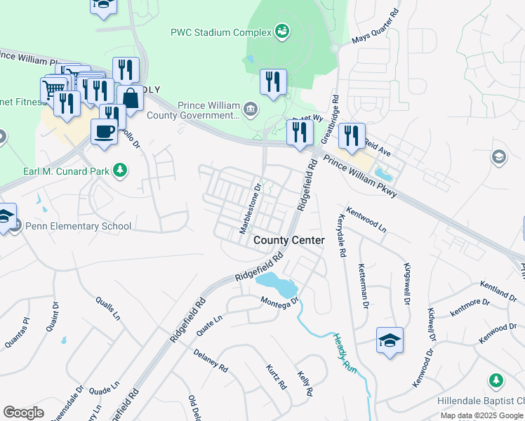 map of restaurants, bars, coffee shops, grocery stores, and more near 13011 Jadestone Way in Woodbridge