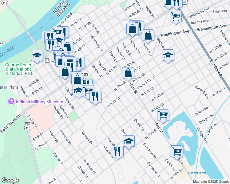 map of restaurants, bars, coffee shops, grocery stores, and more near 921 Perry Street in Vincennes