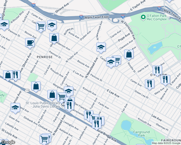 map of restaurants, bars, coffee shops, grocery stores, and more near 4223 North Newstead Avenue in St. Louis