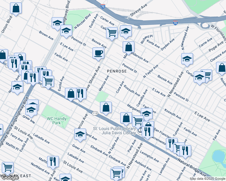 map of restaurants, bars, coffee shops, grocery stores, and more near 4671 Farlin Avenue in St. Louis