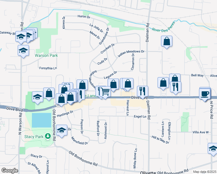 map of restaurants, bars, coffee shops, grocery stores, and more near 9544 Laguna Drive in Olivette