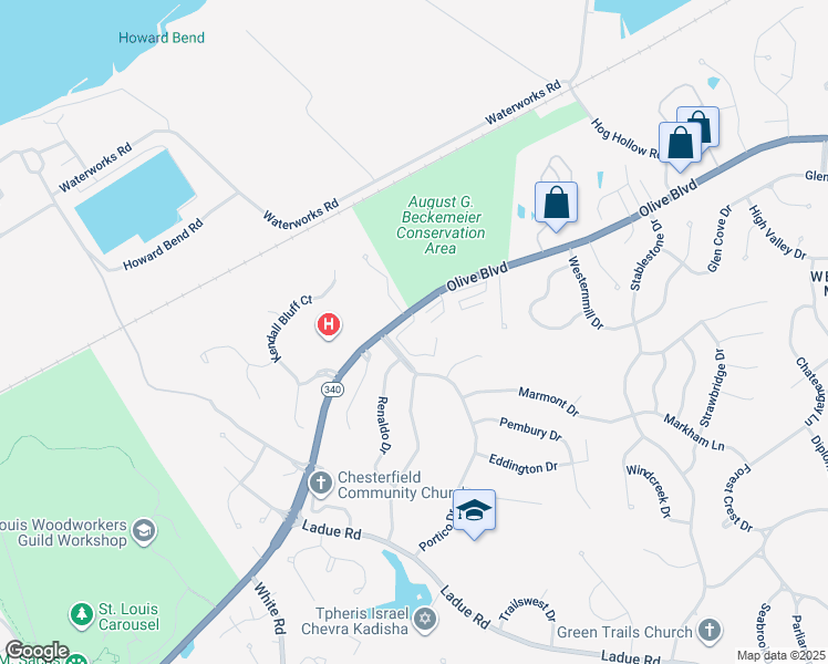 map of restaurants, bars, coffee shops, grocery stores, and more near 14512 Cazado Drive in Chesterfield