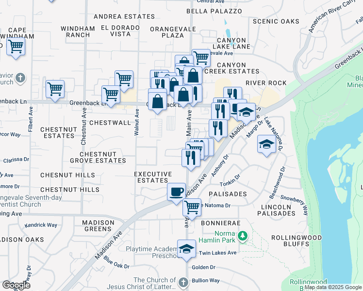 map of restaurants, bars, coffee shops, grocery stores, and more near 6047 Main Avenue in Orangevale