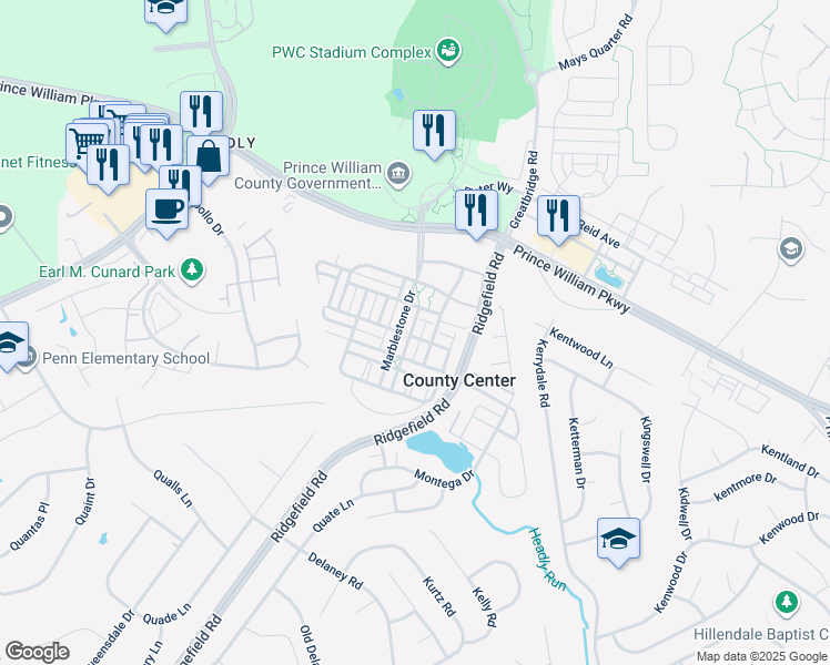 map of restaurants, bars, coffee shops, grocery stores, and more near 13011 Jadestone Way in Woodbridge