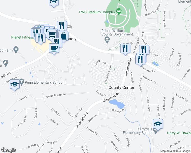 map of restaurants, bars, coffee shops, grocery stores, and more near 5078 Anchorstone Drive in Woodbridge
