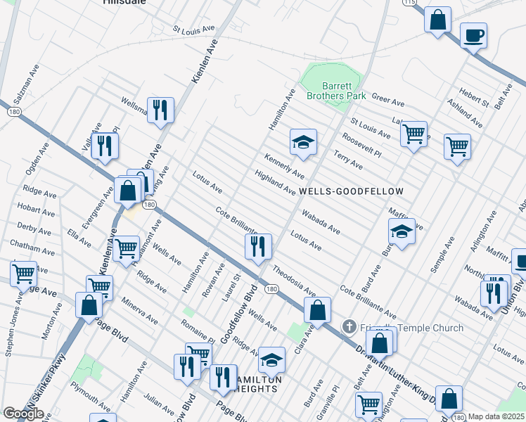 map of restaurants, bars, coffee shops, grocery stores, and more near 5845 Lotus Avenue in St. Louis