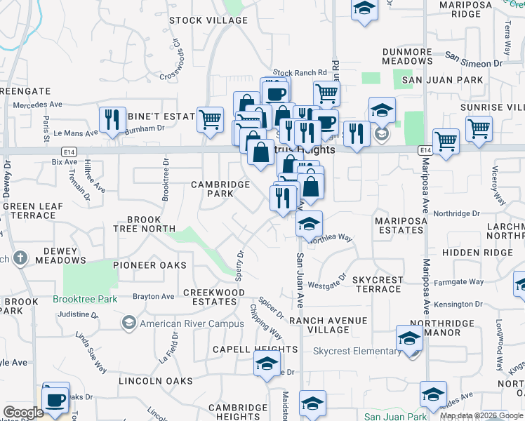 map of restaurants, bars, coffee shops, grocery stores, and more near 6002 Rowan Way in Citrus Heights