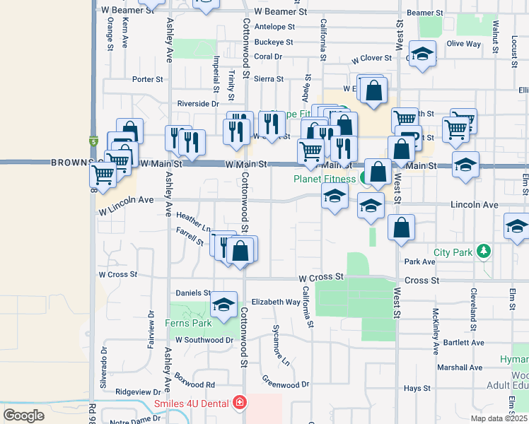 map of restaurants, bars, coffee shops, grocery stores, and more near 184 West Lincoln Avenue in Woodland