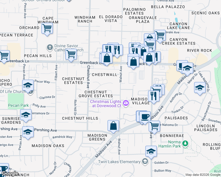 map of restaurants, bars, coffee shops, grocery stores, and more near 9320 Rock Canyon Way in Orangevale