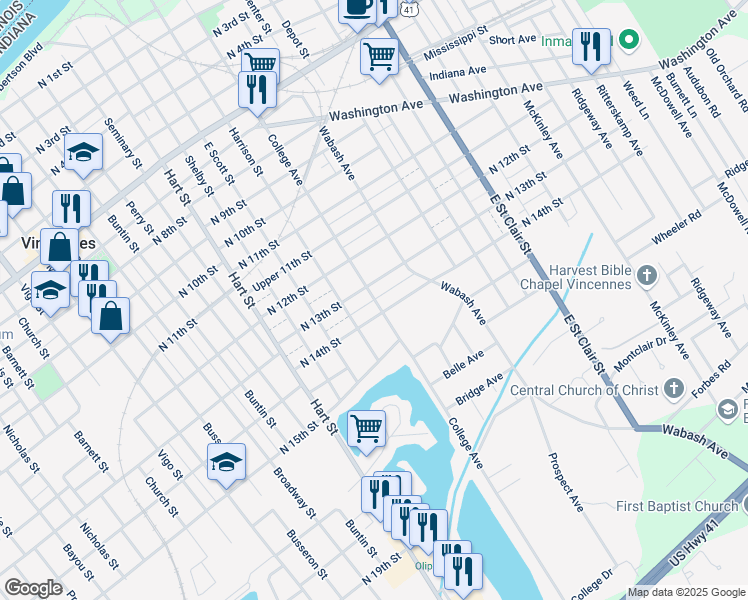 map of restaurants, bars, coffee shops, grocery stores, and more near College Avenue in Vincennes