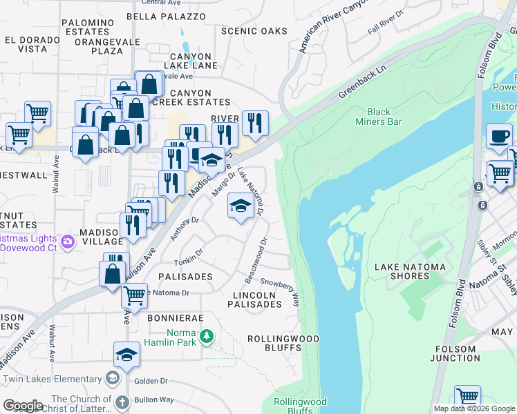 map of restaurants, bars, coffee shops, grocery stores, and more near 9639 Lake Natoma Drive in Orangevale