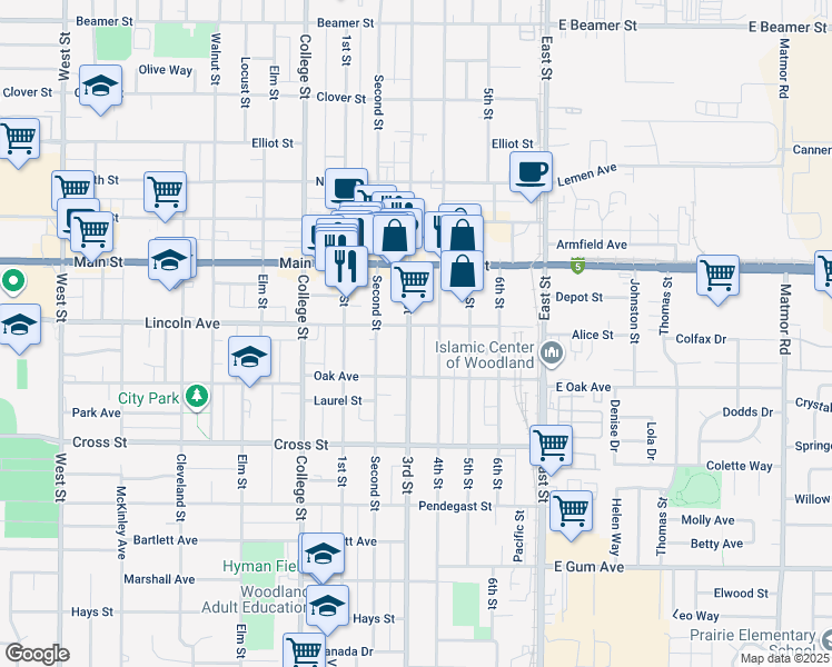 map of restaurants, bars, coffee shops, grocery stores, and more near 446 4th Street in Woodland