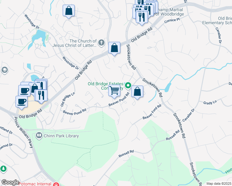 map of restaurants, bars, coffee shops, grocery stores, and more near 12841 Valleyhill Street in Woodbridge