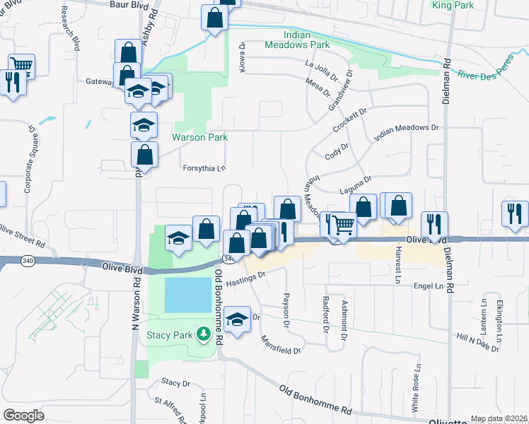 map of restaurants, bars, coffee shops, grocery stores, and more near 1122 Basswood Lane in Olivette