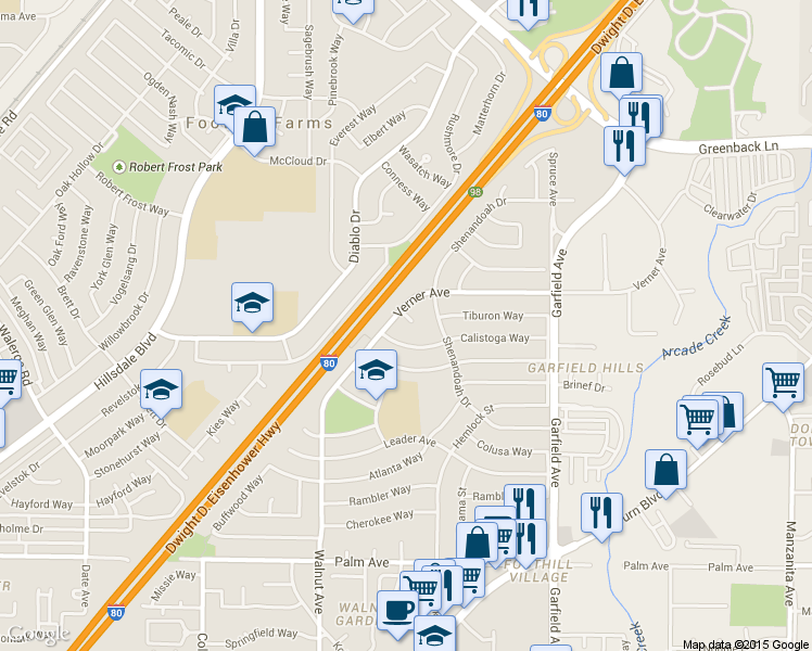 map of restaurants, bars, coffee shops, grocery stores, and more near 5252-5264 Verner Avenue in Sacramento
