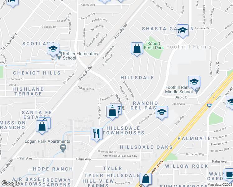 map of restaurants, bars, coffee shops, grocery stores, and more near 5966 Walerga Road in Sacramento