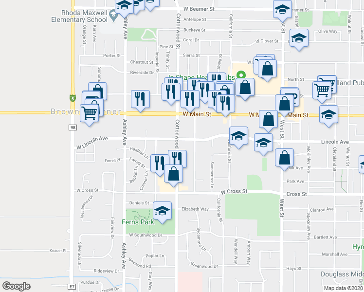 map of restaurants, bars, coffee shops, grocery stores, and more near 184 West Lincoln Avenue in Woodland