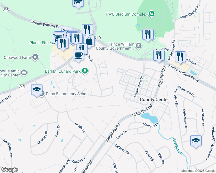 map of restaurants, bars, coffee shops, grocery stores, and more near 14017 Trawler Drive in Woodbridge