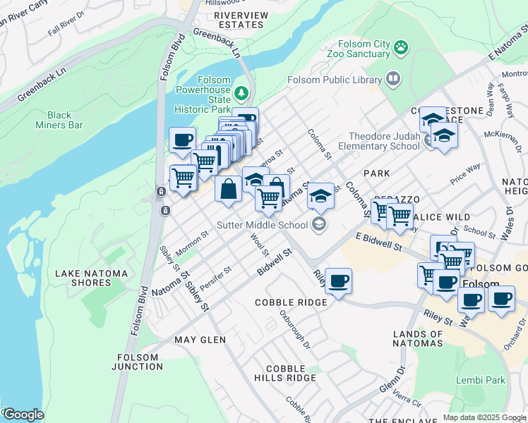 map of restaurants, bars, coffee shops, grocery stores, and more near in Folsom