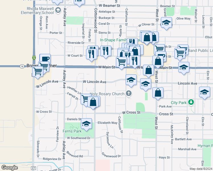 map of restaurants, bars, coffee shops, grocery stores, and more near 505 Community Lane in Woodland