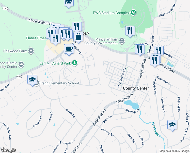 map of restaurants, bars, coffee shops, grocery stores, and more near 14017 Trawler Drive in Woodbridge