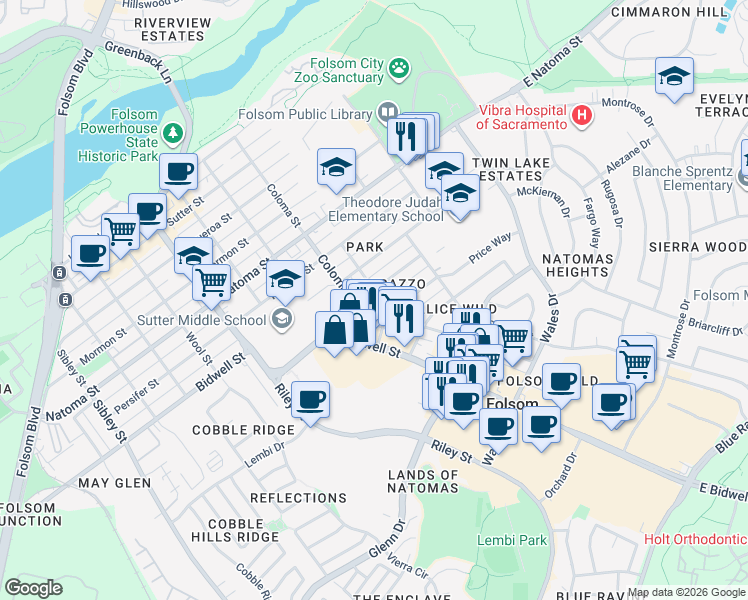 map of restaurants, bars, coffee shops, grocery stores, and more near 807 Rumsey Way in Folsom
