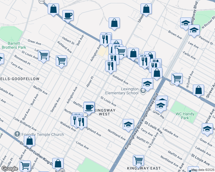 map of restaurants, bars, coffee shops, grocery stores, and more near 5308 Greer Avenue in St. Louis