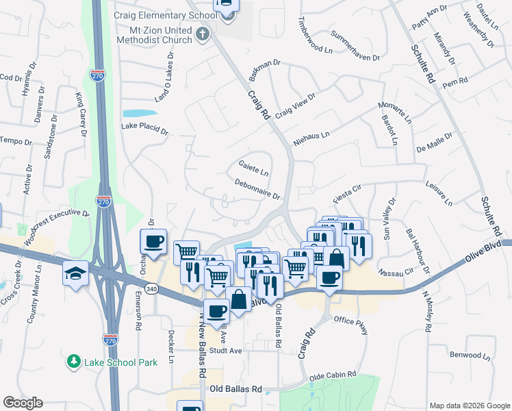 map of restaurants, bars, coffee shops, grocery stores, and more near 11907 Charter House Lane in Saint Louis