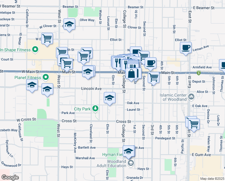 map of restaurants, bars, coffee shops, grocery stores, and more near in Woodland