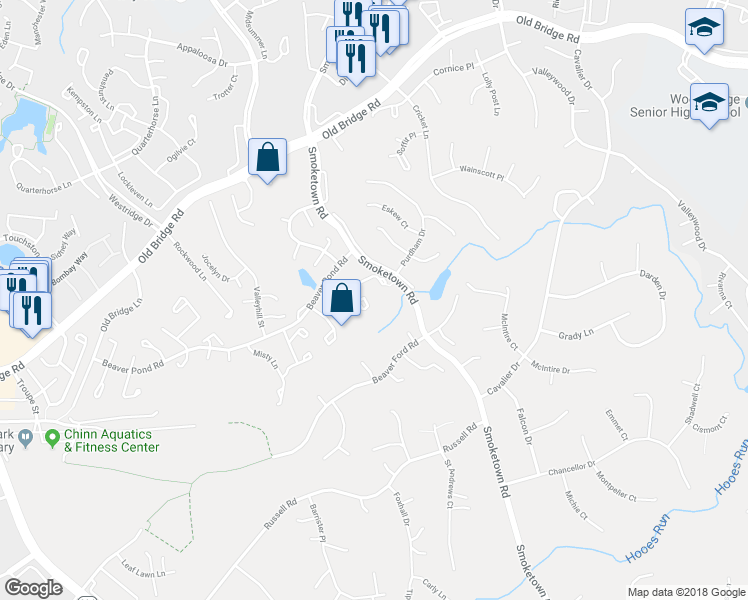 map of restaurants, bars, coffee shops, grocery stores, and more near 3620 Eagle Rock Court in Woodbridge