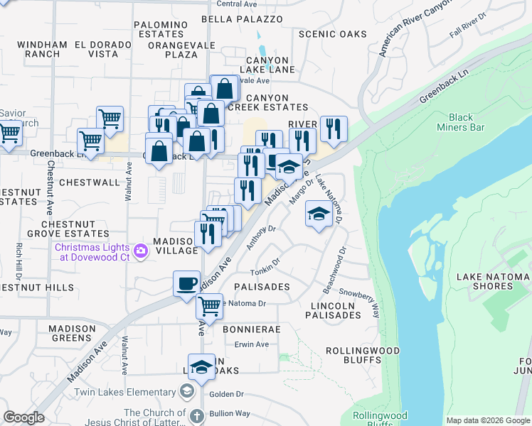 map of restaurants, bars, coffee shops, grocery stores, and more near 6025 Keats Circle in Orangevale