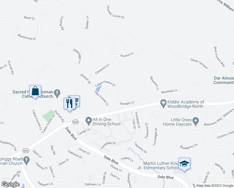 map of restaurants, bars, coffee shops, grocery stores, and more near 6093 Omega Lane in Manassas