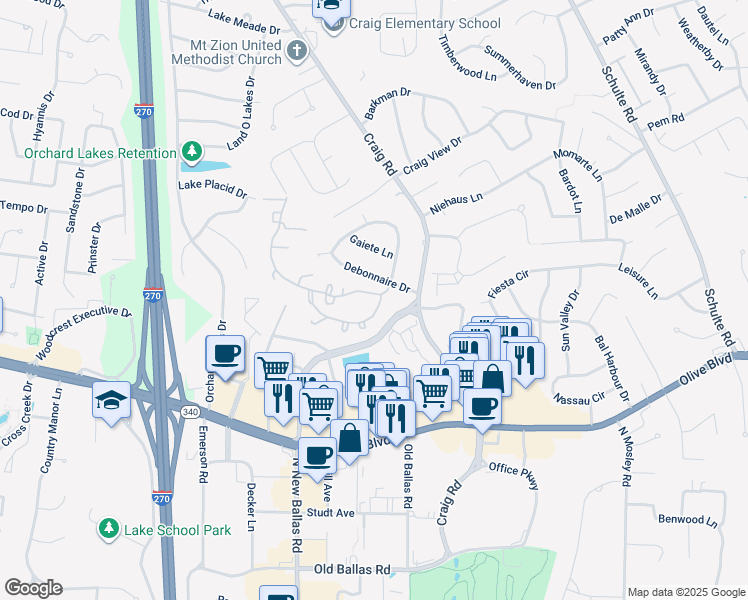 map of restaurants, bars, coffee shops, grocery stores, and more near 11907 Charter House Lane in St. Louis