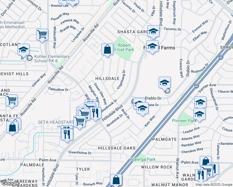 map of restaurants, bars, coffee shops, grocery stores, and more near 5900 York Glen Way in Sacramento