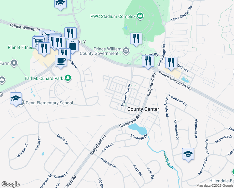 map of restaurants, bars, coffee shops, grocery stores, and more near 5017 Softwood Lane in Woodbridge