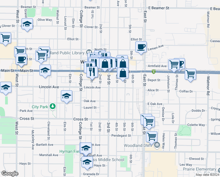 map of restaurants, bars, coffee shops, grocery stores, and more near 503 3rd Street in Woodland