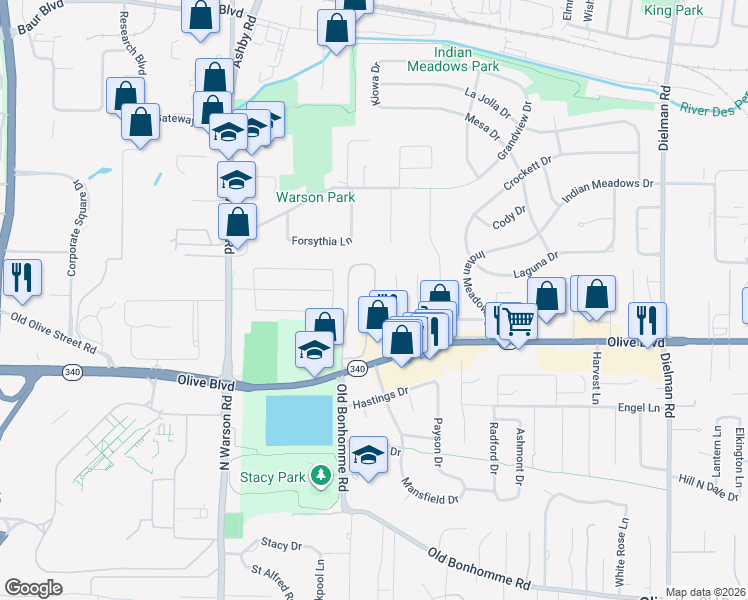 map of restaurants, bars, coffee shops, grocery stores, and more near 1151 Olive Lake Dr in St Louis