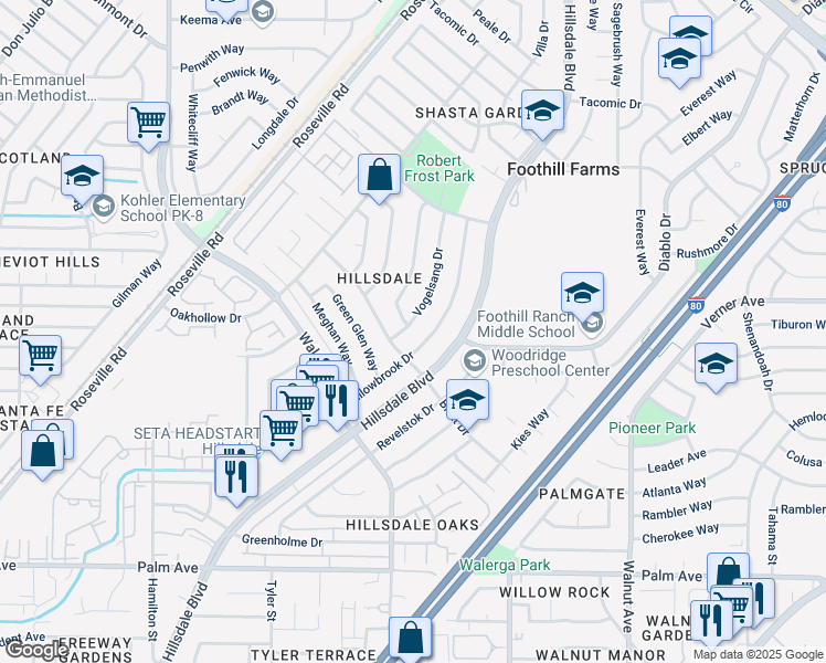map of restaurants, bars, coffee shops, grocery stores, and more near 5900 York Glen Way in Sacramento