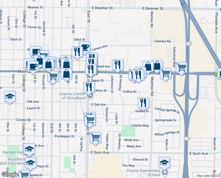 map of restaurants, bars, coffee shops, grocery stores, and more near 1268 Depot Street in Woodland